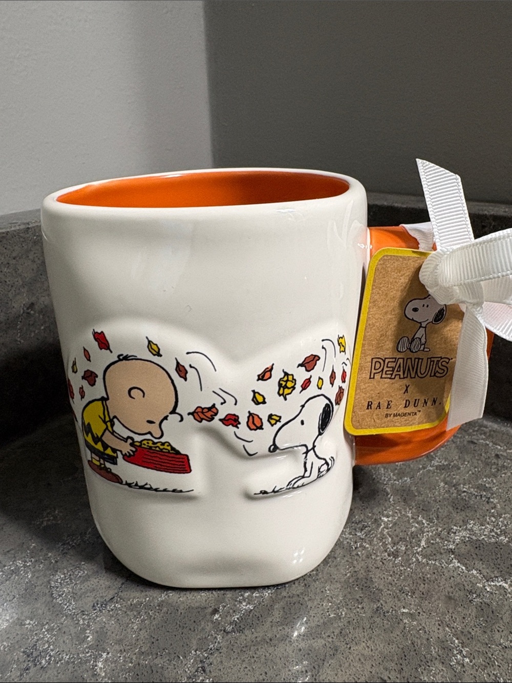 Peanuts by Rae Dunn White Mug with Orange Interior and Handle “Thankful”